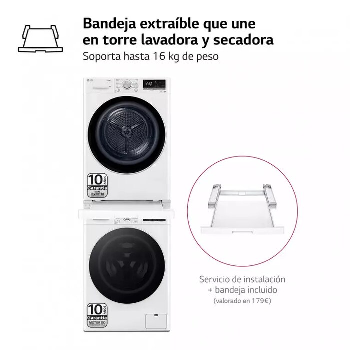 LG Outlet Torre de Lavado, Blanca, Lavadora inteligente 10kg, 1400rpm, Un 10% mas eficiente que A + Secadora 8kg, A+++, TORRE1008KG.OUTLET